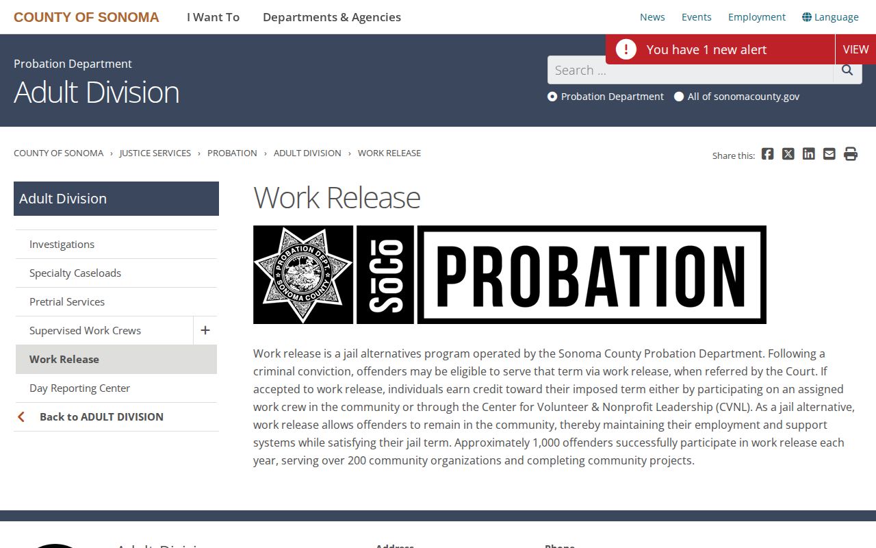 North County Detention Facility work release and Sonoma County release supervision context
