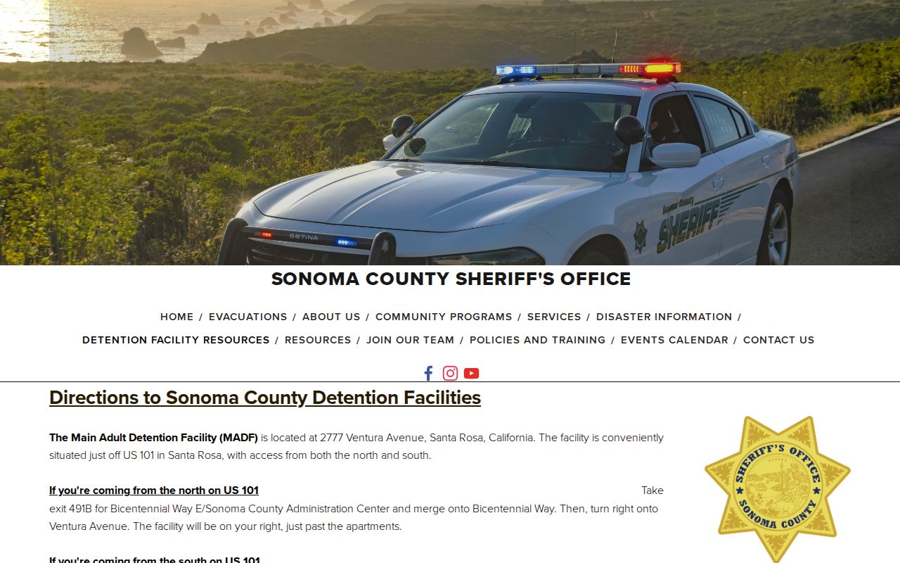North County Detention Facility release lookup and Sonoma County Sheriff directions page