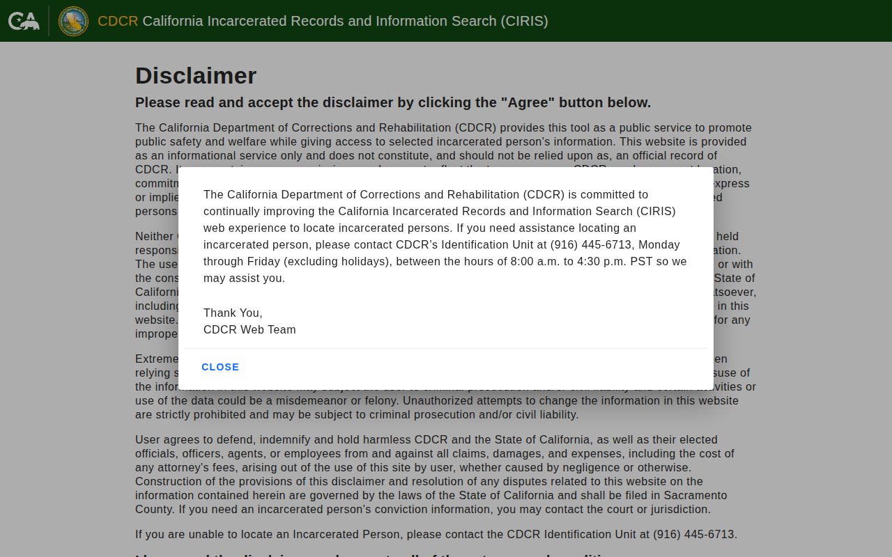 Sonoma County released inmate CDCR CIRIS offender search context