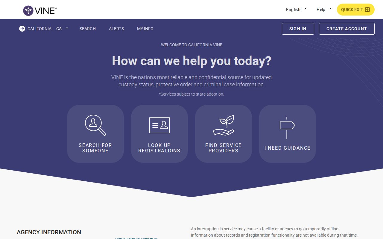 California VINE landing page