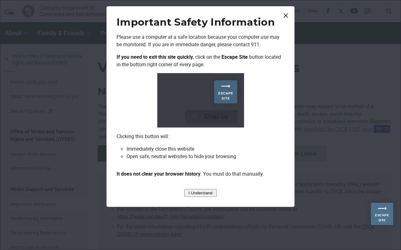 CDCR victim services application page