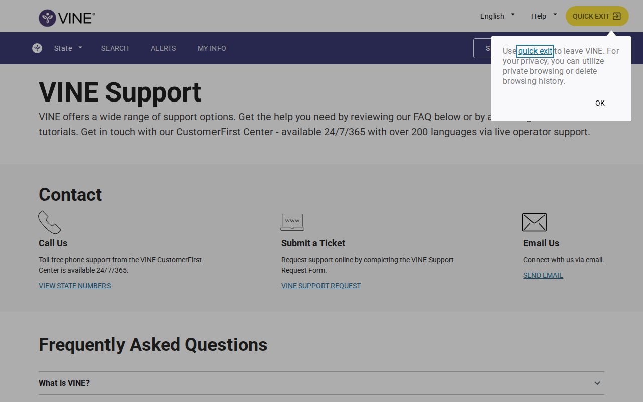 VINELink support page for notification registration